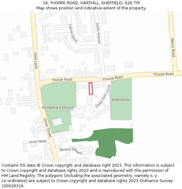 18, THORPE ROAD, HARTHILL, SHEFFIELD, S26 7YF: Location map and indicative extent of plot