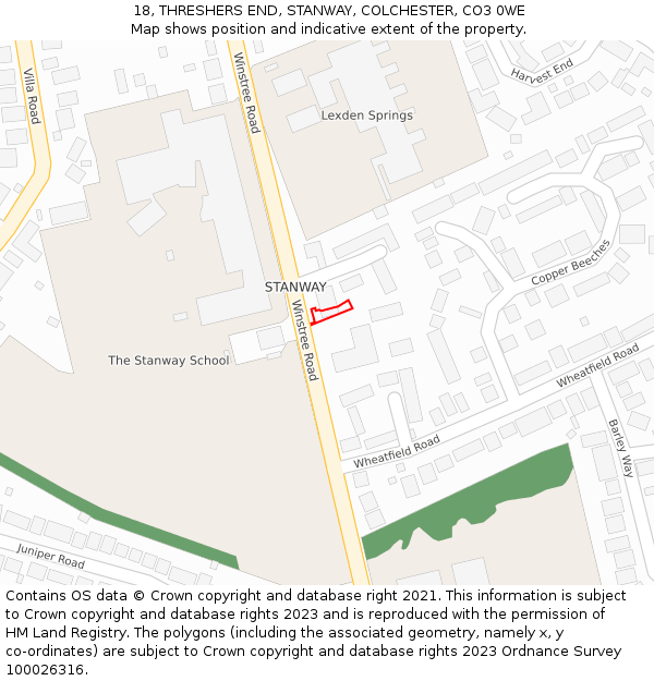 18, THRESHERS END, STANWAY, COLCHESTER, CO3 0WE: Location map and indicative extent of plot