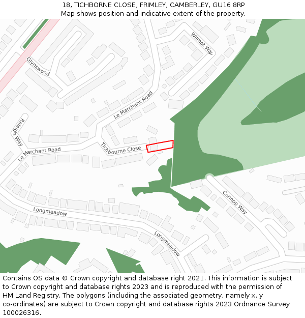 18, TICHBORNE CLOSE, FRIMLEY, CAMBERLEY, GU16 8RP: Location map and indicative extent of plot