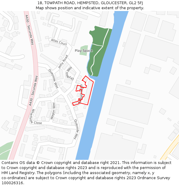18, TOWPATH ROAD, HEMPSTED, GLOUCESTER, GL2 5FJ: Location map and indicative extent of plot