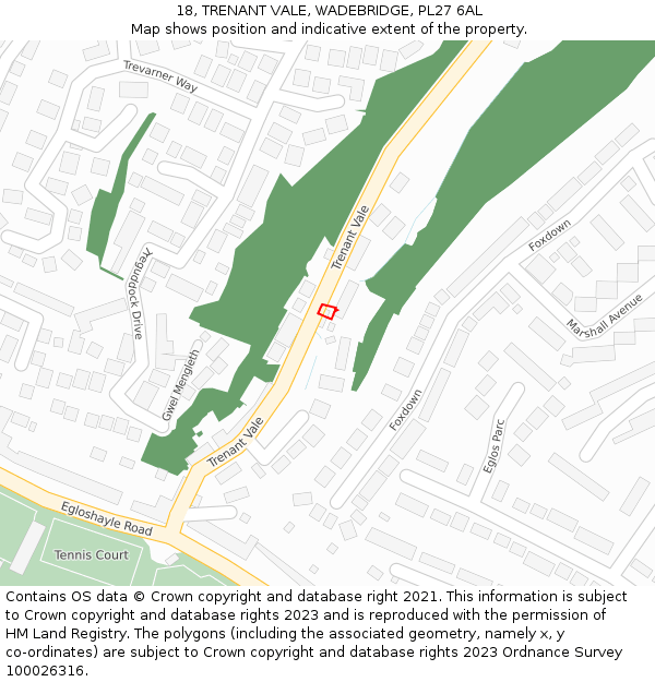 18, TRENANT VALE, WADEBRIDGE, PL27 6AL: Location map and indicative extent of plot