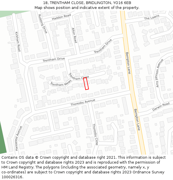 18, TRENTHAM CLOSE, BRIDLINGTON, YO16 6EB: Location map and indicative extent of plot
