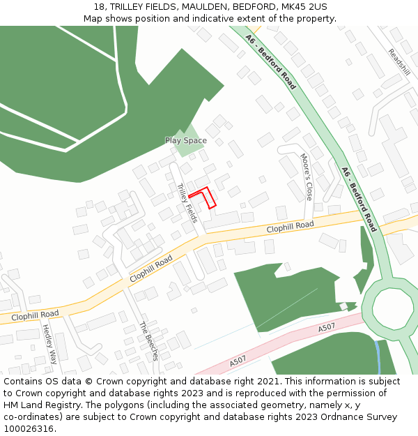 18, TRILLEY FIELDS, MAULDEN, BEDFORD, MK45 2US: Location map and indicative extent of plot