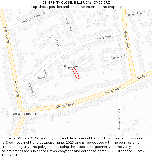 18, TRINITY CLOSE, BILLERICAY, CM11 2RZ: Location map and indicative extent of plot