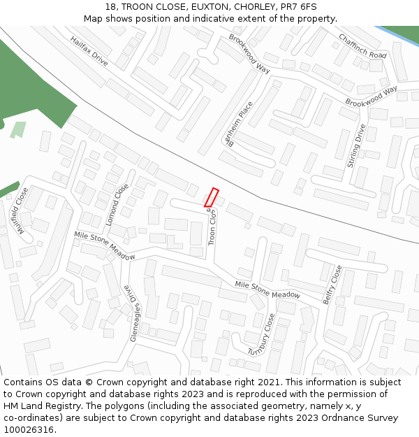 18, TROON CLOSE, EUXTON, CHORLEY, PR7 6FS: Location map and indicative extent of plot