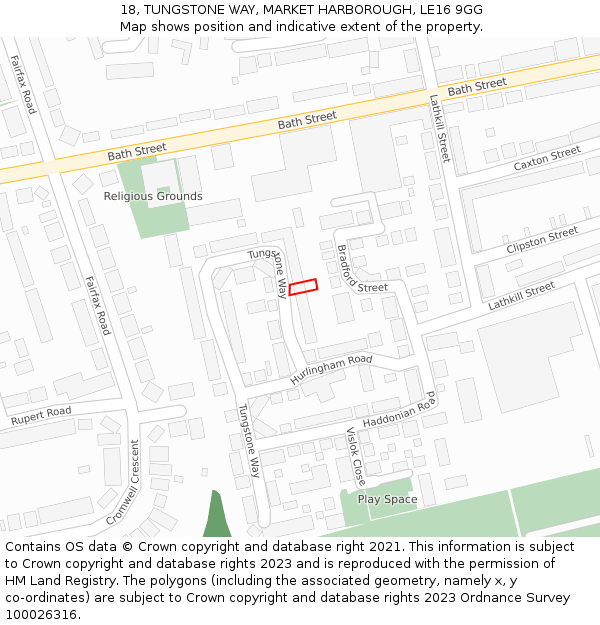 18, TUNGSTONE WAY, MARKET HARBOROUGH, LE16 9GG: Location map and indicative extent of plot