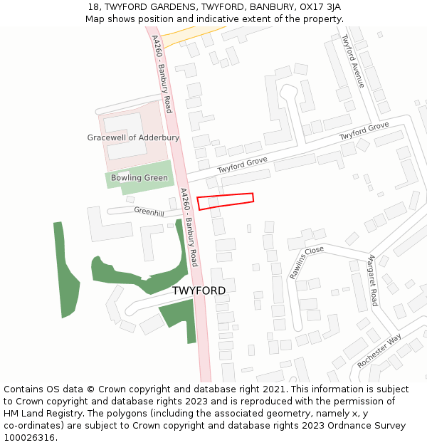 18, TWYFORD GARDENS, TWYFORD, BANBURY, OX17 3JA: Location map and indicative extent of plot