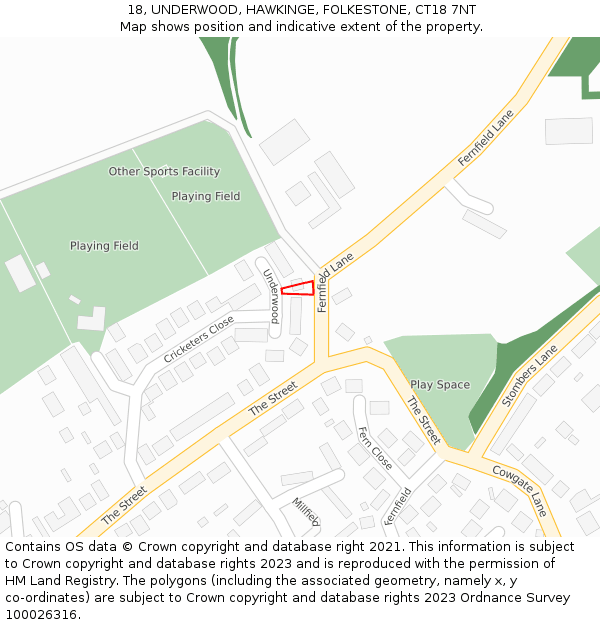 18, UNDERWOOD, HAWKINGE, FOLKESTONE, CT18 7NT: Location map and indicative extent of plot