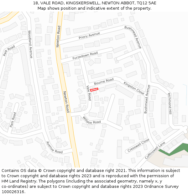 18, VALE ROAD, KINGSKERSWELL, NEWTON ABBOT, TQ12 5AE: Location map and indicative extent of plot