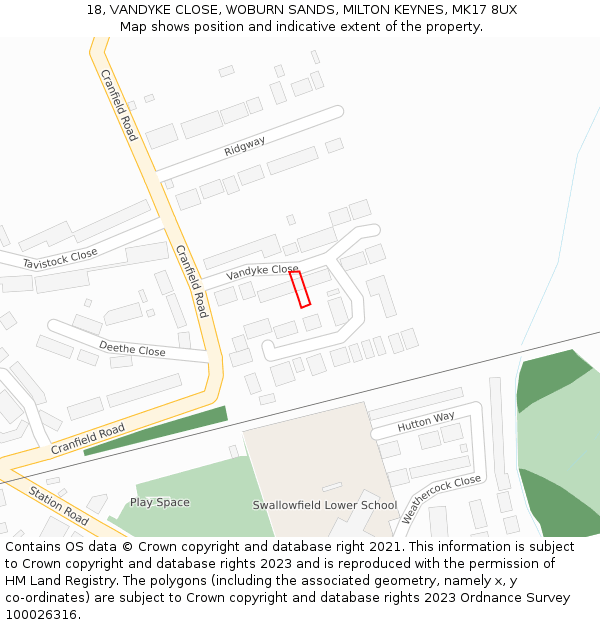 18, VANDYKE CLOSE, WOBURN SANDS, MILTON KEYNES, MK17 8UX: Location map and indicative extent of plot