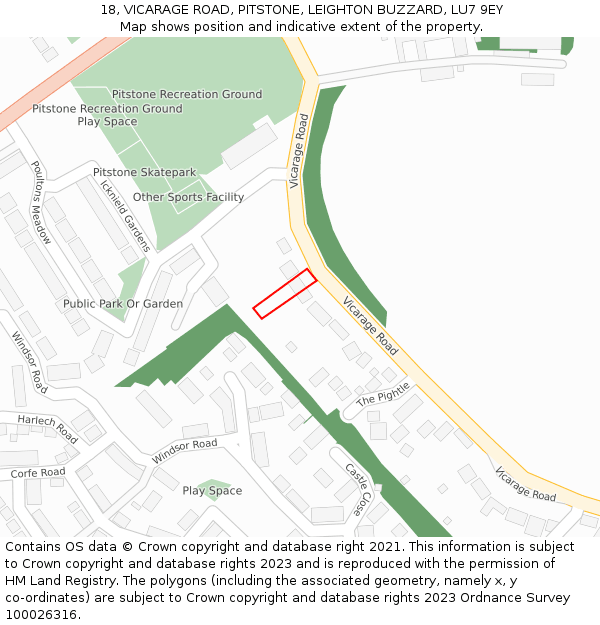 18, VICARAGE ROAD, PITSTONE, LEIGHTON BUZZARD, LU7 9EY: Location map and indicative extent of plot