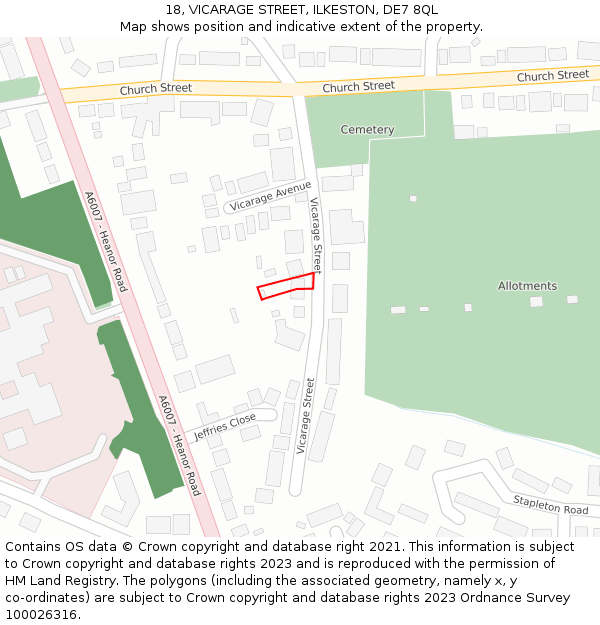 18, VICARAGE STREET, ILKESTON, DE7 8QL: Location map and indicative extent of plot