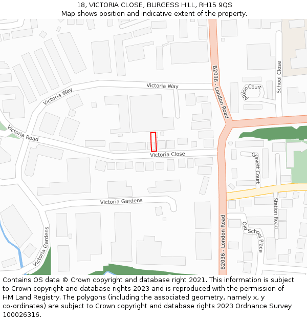 18, VICTORIA CLOSE, BURGESS HILL, RH15 9QS: Location map and indicative extent of plot