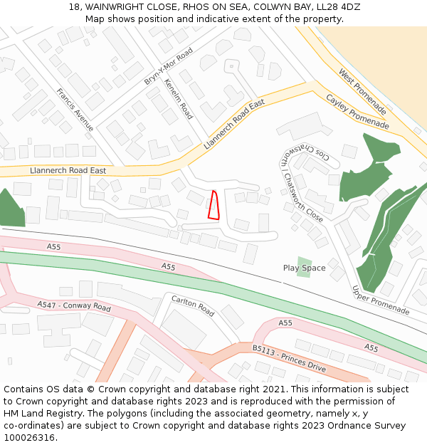 18, WAINWRIGHT CLOSE, RHOS ON SEA, COLWYN BAY, LL28 4DZ: Location map and indicative extent of plot