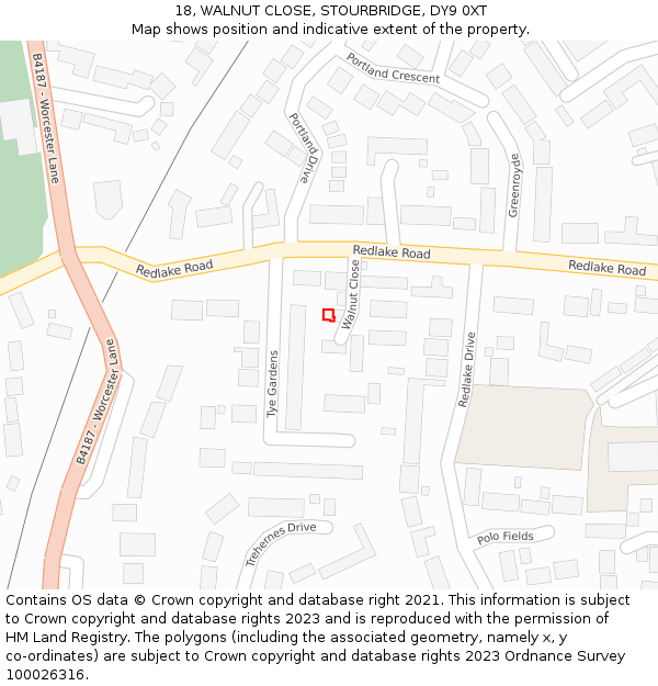 18, WALNUT CLOSE, STOURBRIDGE, DY9 0XT: Location map and indicative extent of plot