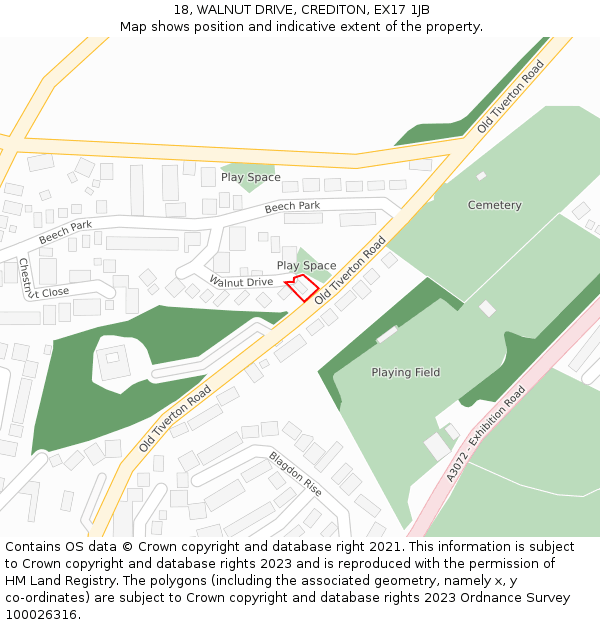 18, WALNUT DRIVE, CREDITON, EX17 1JB: Location map and indicative extent of plot