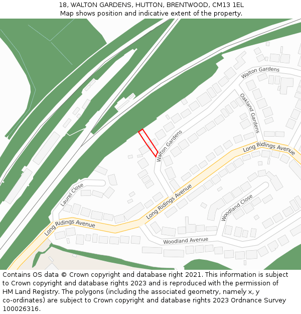 18, WALTON GARDENS, HUTTON, BRENTWOOD, CM13 1EL: Location map and indicative extent of plot