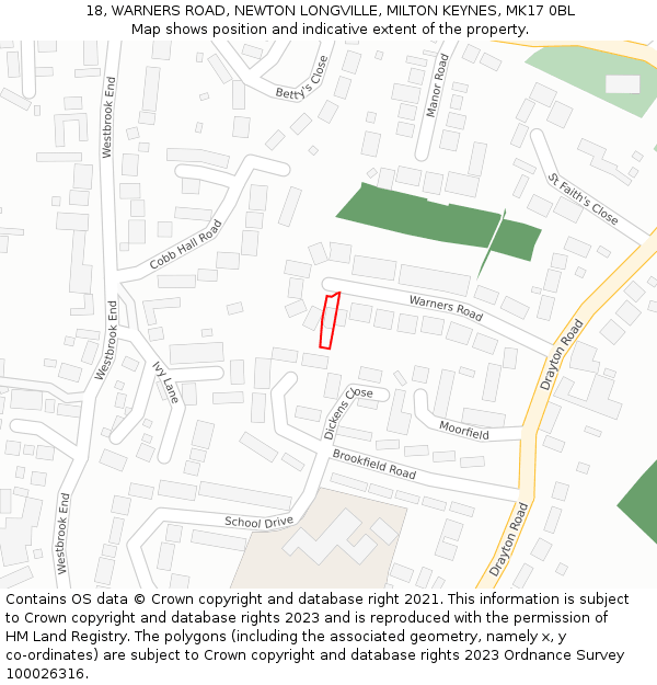 18, WARNERS ROAD, NEWTON LONGVILLE, MILTON KEYNES, MK17 0BL: Location map and indicative extent of plot