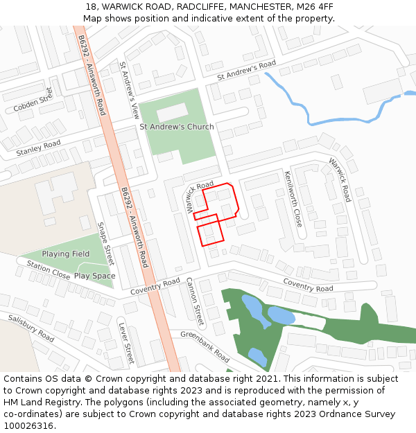 18, WARWICK ROAD, RADCLIFFE, MANCHESTER, M26 4FF: Location map and indicative extent of plot