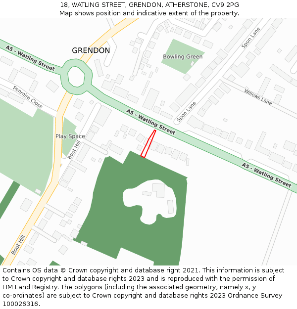 18, WATLING STREET, GRENDON, ATHERSTONE, CV9 2PG: Location map and indicative extent of plot