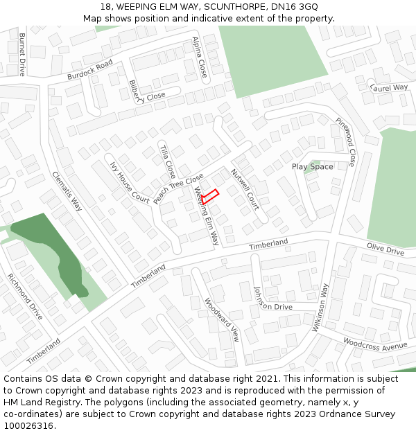 18, WEEPING ELM WAY, SCUNTHORPE, DN16 3GQ: Location map and indicative extent of plot