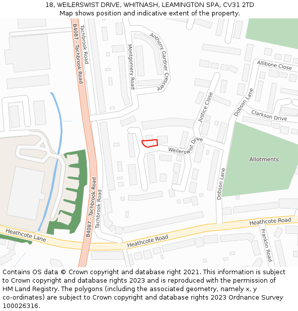 18, WEILERSWIST DRIVE, WHITNASH, LEAMINGTON SPA, CV31 2TD: Location map and indicative extent of plot