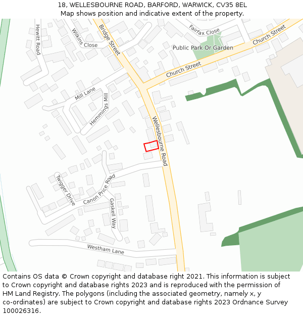 18, WELLESBOURNE ROAD, BARFORD, WARWICK, CV35 8EL: Location map and indicative extent of plot