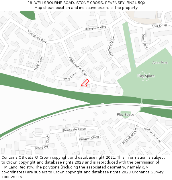 18, WELLSBOURNE ROAD, STONE CROSS, PEVENSEY, BN24 5QX: Location map and indicative extent of plot