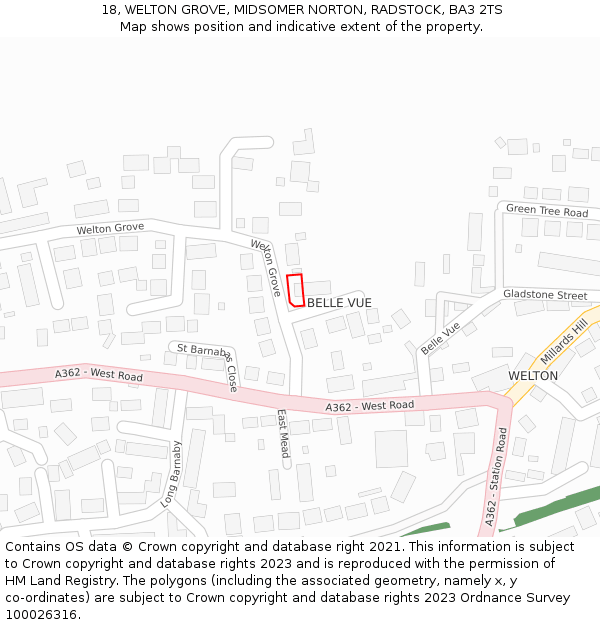 18, WELTON GROVE, MIDSOMER NORTON, RADSTOCK, BA3 2TS: Location map and indicative extent of plot