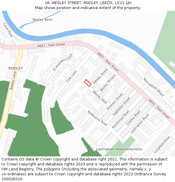 18, WESLEY STREET, RODLEY, LEEDS, LS13 1JH: Location map and indicative extent of plot