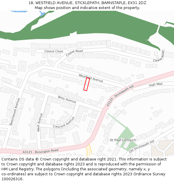 18, WESTFIELD AVENUE, STICKLEPATH, BARNSTAPLE, EX31 2DZ: Location map and indicative extent of plot