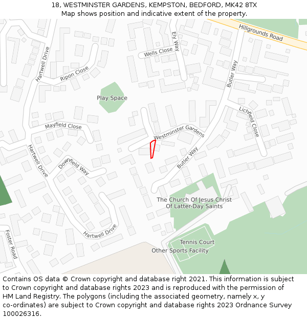 18, WESTMINSTER GARDENS, KEMPSTON, BEDFORD, MK42 8TX: Location map and indicative extent of plot