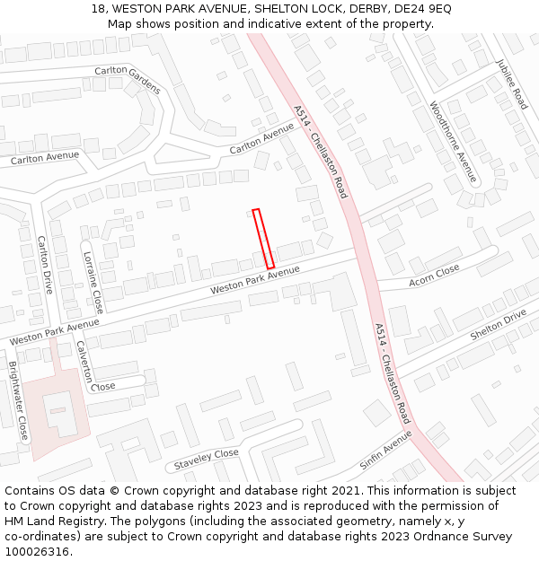 18, WESTON PARK AVENUE, SHELTON LOCK, DERBY, DE24 9EQ: Location map and indicative extent of plot