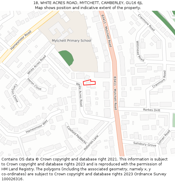 18, WHITE ACRES ROAD, MYTCHETT, CAMBERLEY, GU16 6JL: Location map and indicative extent of plot