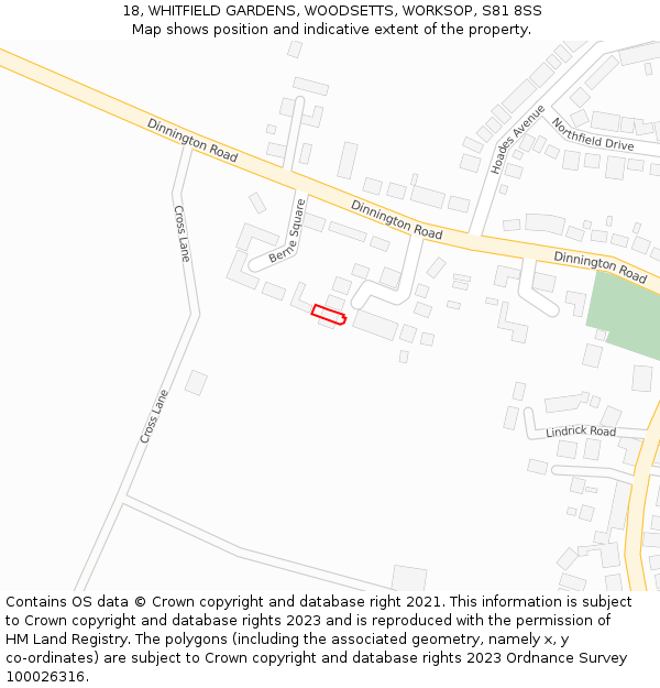 18, WHITFIELD GARDENS, WOODSETTS, WORKSOP, S81 8SS: Location map and indicative extent of plot