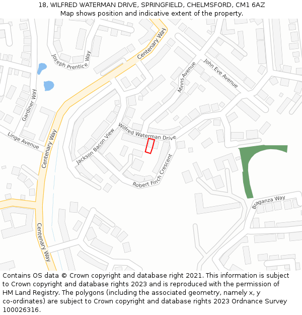 18, WILFRED WATERMAN DRIVE, SPRINGFIELD, CHELMSFORD, CM1 6AZ: Location map and indicative extent of plot