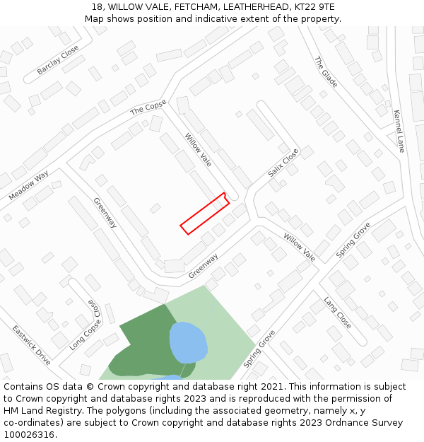 18, WILLOW VALE, FETCHAM, LEATHERHEAD, KT22 9TE: Location map and indicative extent of plot