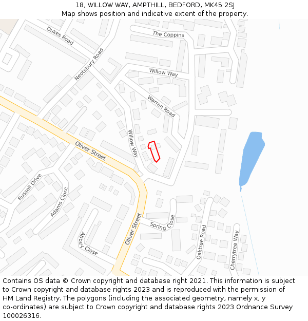 18, WILLOW WAY, AMPTHILL, BEDFORD, MK45 2SJ: Location map and indicative extent of plot