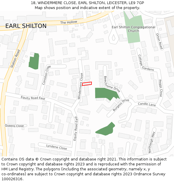 18, WINDERMERE CLOSE, EARL SHILTON, LEICESTER, LE9 7GP: Location map and indicative extent of plot