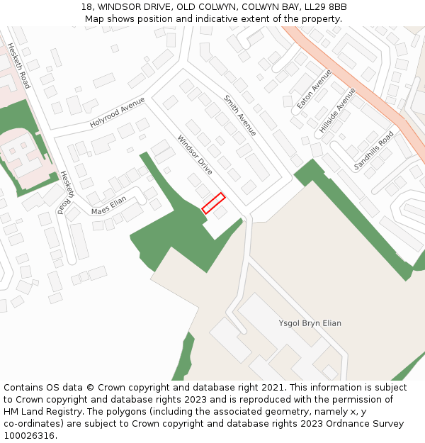 18, WINDSOR DRIVE, OLD COLWYN, COLWYN BAY, LL29 8BB: Location map and indicative extent of plot