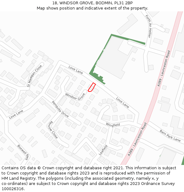 18, WINDSOR GROVE, BODMIN, PL31 2BP: Location map and indicative extent of plot