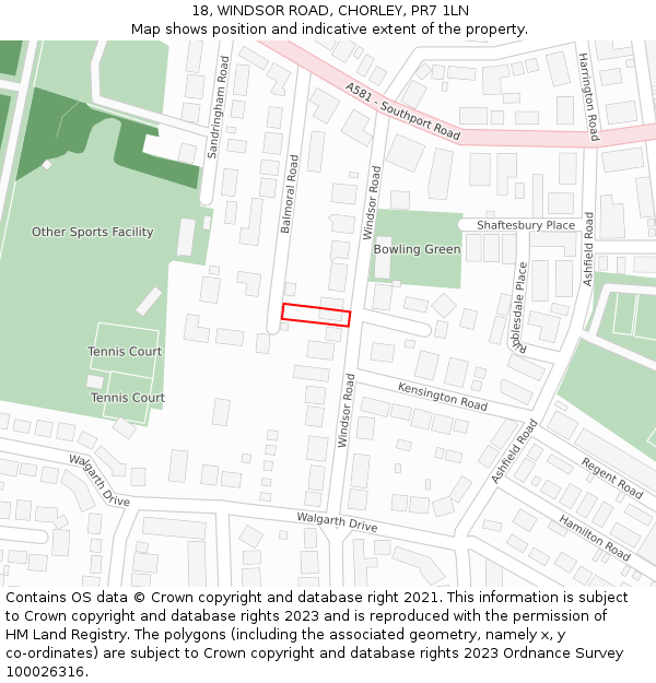 18, WINDSOR ROAD, CHORLEY, PR7 1LN: Location map and indicative extent of plot