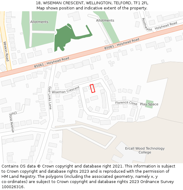 18, WISEMAN CRESCENT, WELLINGTON, TELFORD, TF1 2FL: Location map and indicative extent of plot