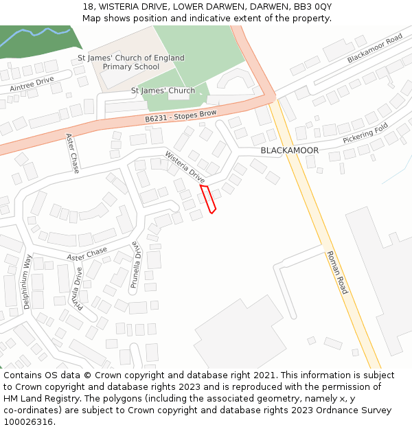 18, WISTERIA DRIVE, LOWER DARWEN, DARWEN, BB3 0QY: Location map and indicative extent of plot