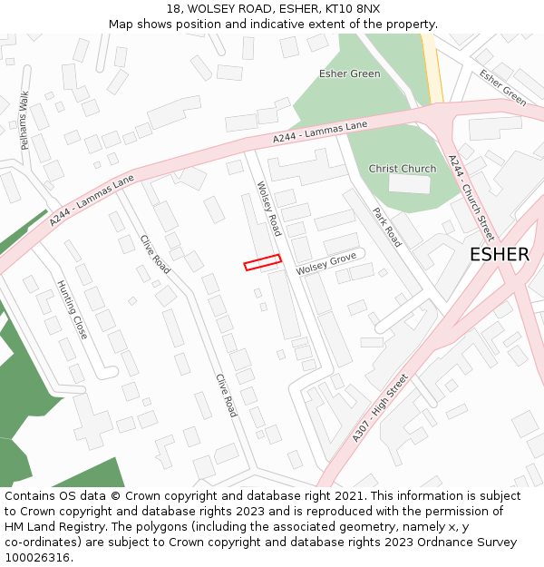 18, WOLSEY ROAD, ESHER, KT10 8NX: Location map and indicative extent of plot