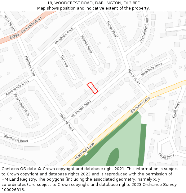 18, WOODCREST ROAD, DARLINGTON, DL3 8EF: Location map and indicative extent of plot