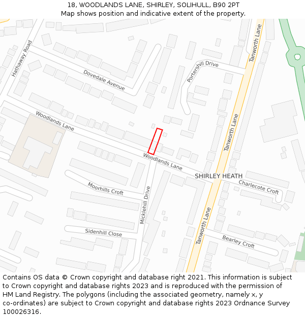 18, WOODLANDS LANE, SHIRLEY, SOLIHULL, B90 2PT: Location map and indicative extent of plot