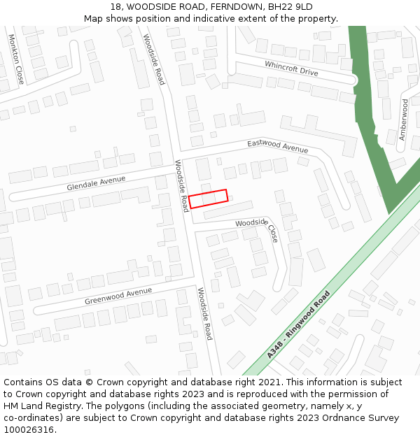 18, WOODSIDE ROAD, FERNDOWN, BH22 9LD: Location map and indicative extent of plot