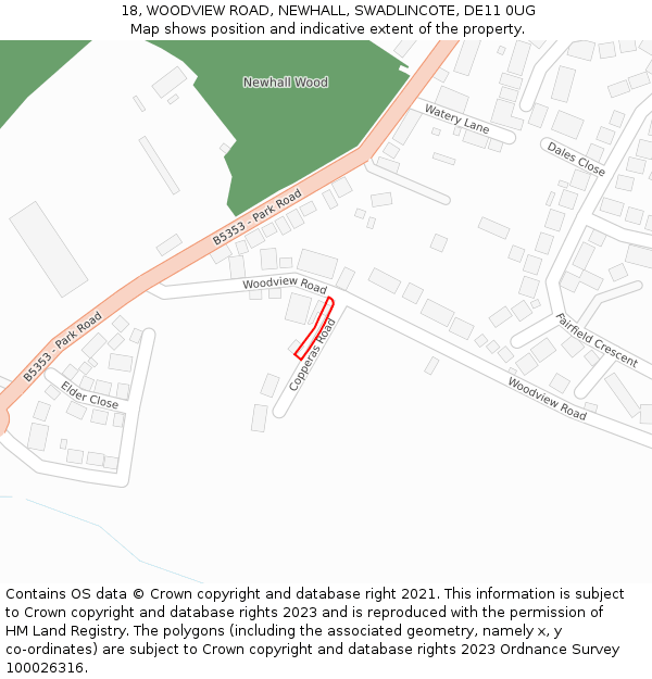 18, WOODVIEW ROAD, NEWHALL, SWADLINCOTE, DE11 0UG: Location map and indicative extent of plot