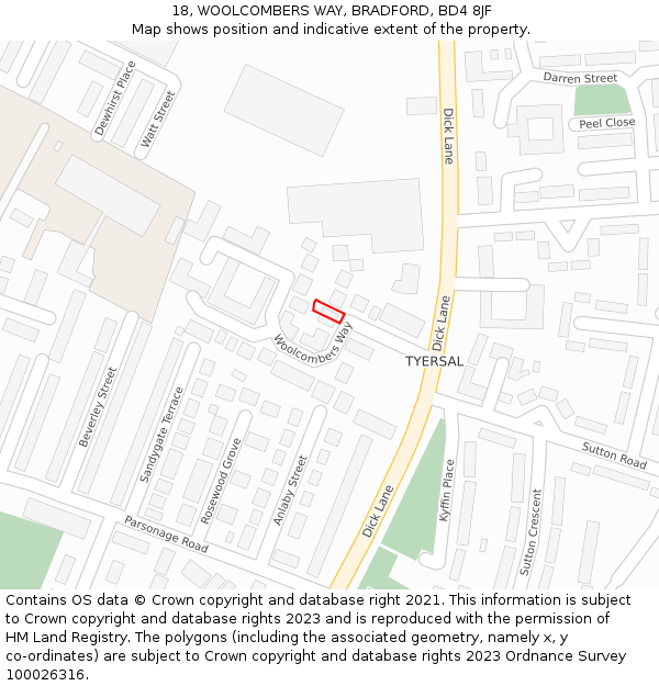 18, WOOLCOMBERS WAY, BRADFORD, BD4 8JF: Location map and indicative extent of plot